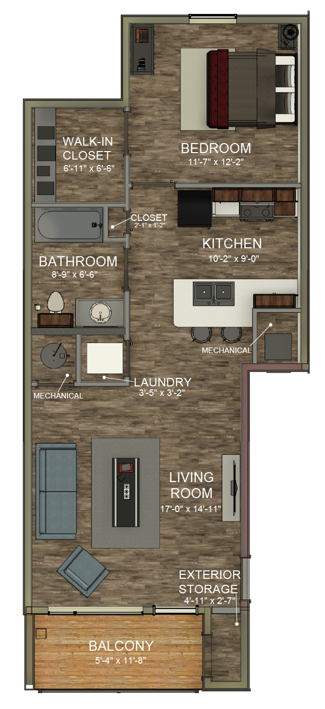Floor plan for 1 bed, 1 bath, 754 sqft